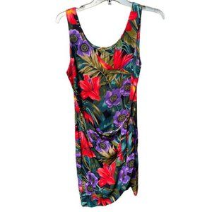 Vintage 90's Faux Wrap Tie Floral Tropical Dress Small